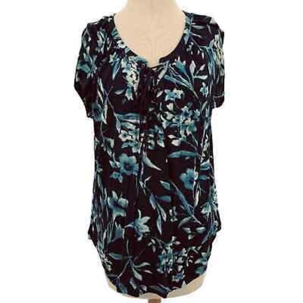 Chaps Ralph Lauren Womens Cap Sleeve Lace-Up Shirt Blue/White Floral M
